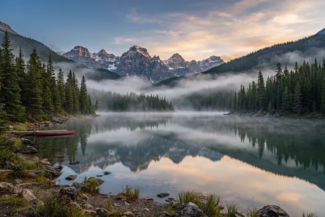 Misty alpine lake at dawn with pine forests and mountain peaks mirrored in still water, a red canoe by the shore