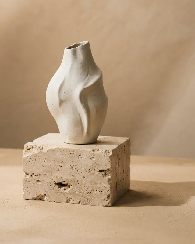 Twisted white ceramic vase on a travertine block against a warm beige backdrop