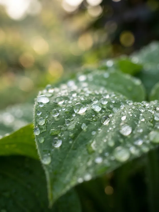 Macro of dew drops on a green leaf with soft golden bokeh in early morning light