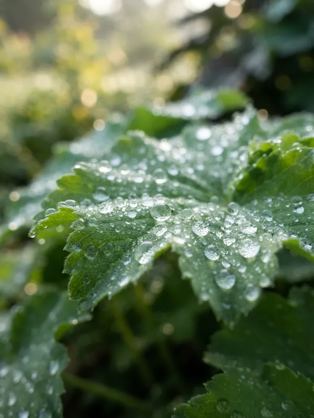 Dew drops beaded across serrated, lobed green leaves with warm golden bokeh behind