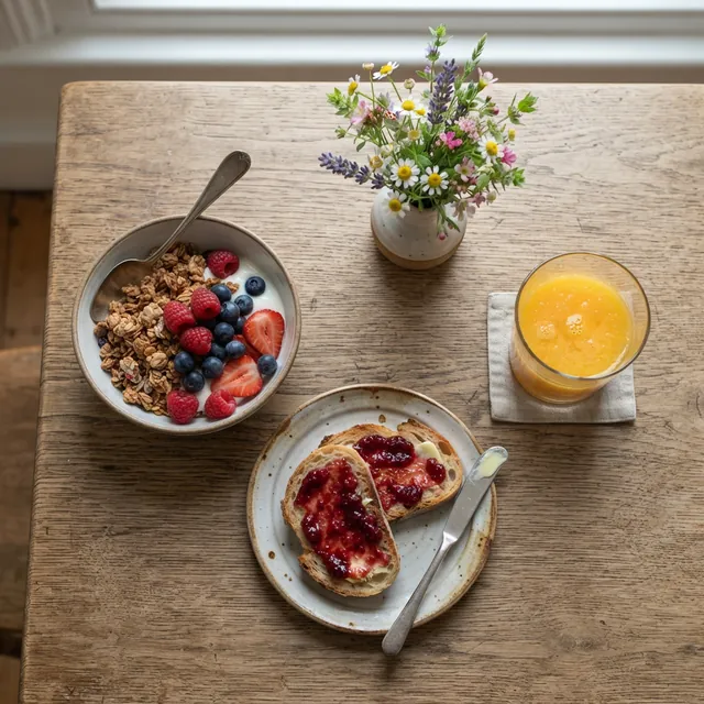 Overhead view of a breakfast table with a granola bowl and berries, toast with jam, orange juice and a small vase of wildflowers
