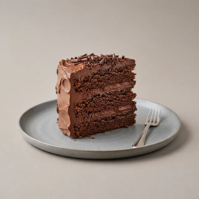 A slice of layered chocolate cake with chocolate shavings on a grey plate with a fork