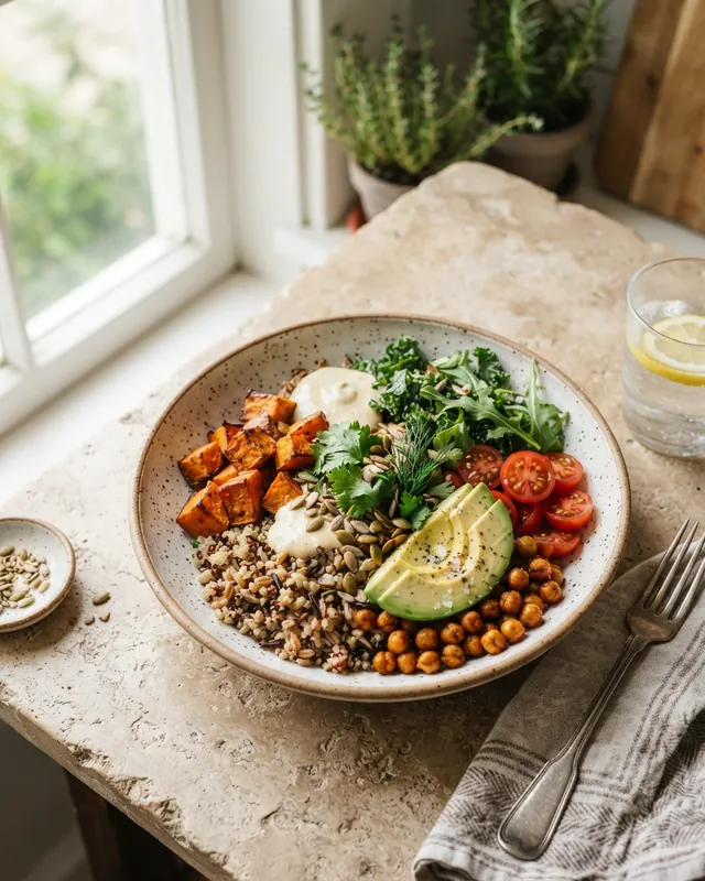 A grain bowl with roasted sweet potato, chickpeas, avocado, greens and tomatoes on a stone counter by a window