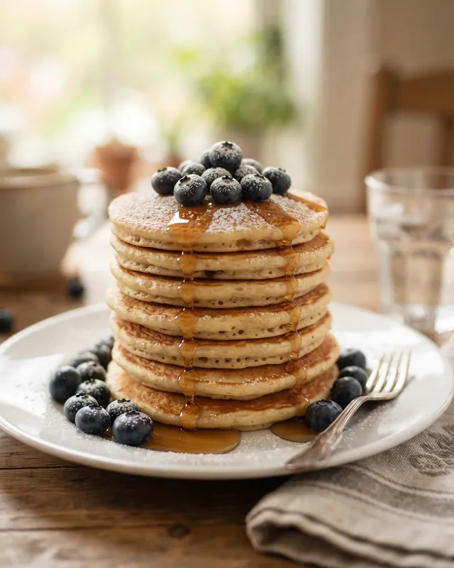 A tall stack of pancakes topped with blueberries, with maple syrup running down the sides, on a white plate