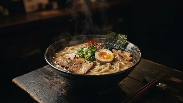 A bowl of ramen with a soft-boiled egg, sliced pork, scallions and nori on a dark wooden table in low light