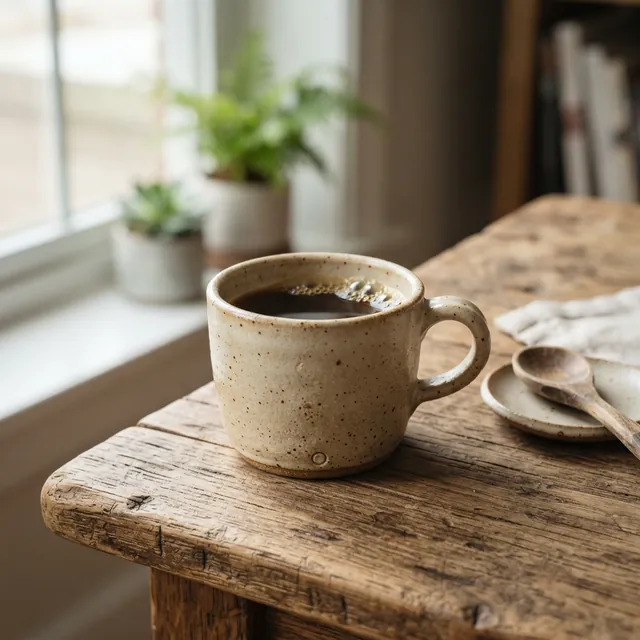 Speckled handmade ceramic cup of coffee on a rustic wooden table beside a window with plants