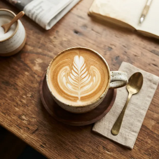 Latte with rosetta art in a speckled cup on a dark wooden saucer, brass spoon on a linen napkin beside a sugar pot