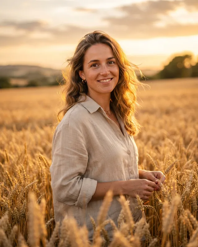 Backlit portrait of a smiling woman in a linen shirt in a wheat field at golden hour
