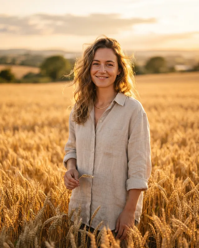 Smiling woman in an open-collared linen shirt holding a wheat stem in a golden field, trees on the horizon