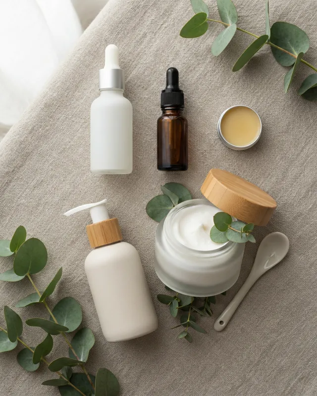 Flat lay of unlabeled skincare bottles, a small balm tin and an open frosted jar of cream with eucalyptus sprigs on natural linen