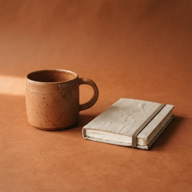 A speckled terracotta mug beside a small linen-bound notebook on a terracotta-colored backdrop
