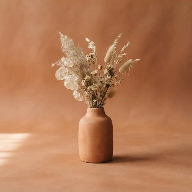 Dried flowers and grasses in a terracotta bud vase against a terracotta-colored backdrop