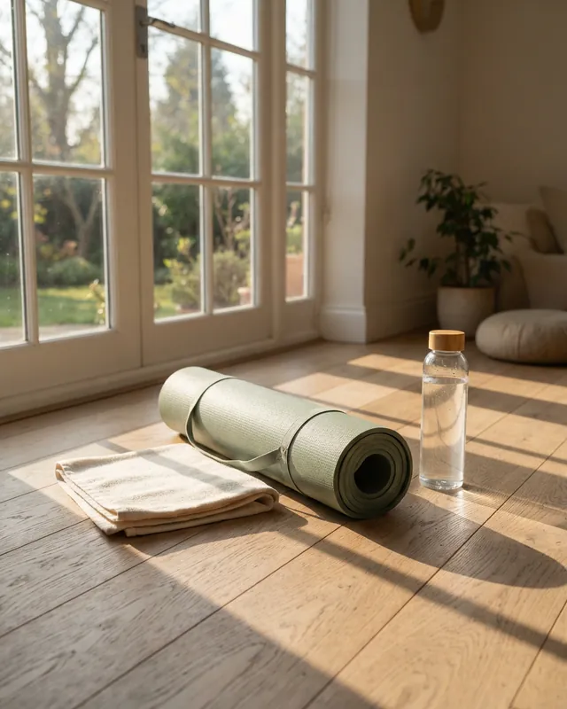 A rolled sage-green yoga mat, a folded towel and a glass water bottle on an oak floor in morning sun by tall windows