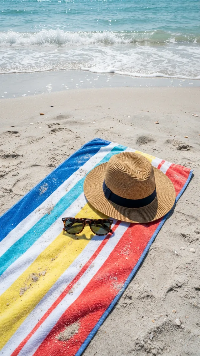 High-angle view of a straw hat and sunglasses on a striped red, yellow and blue beach towel on pale sand, with surf at the top