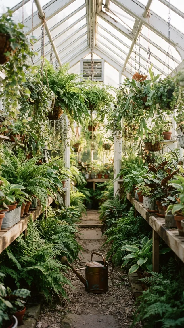 A narrow path through a glass greenhouse lined with ferns and hanging plants, a copper watering can on the path