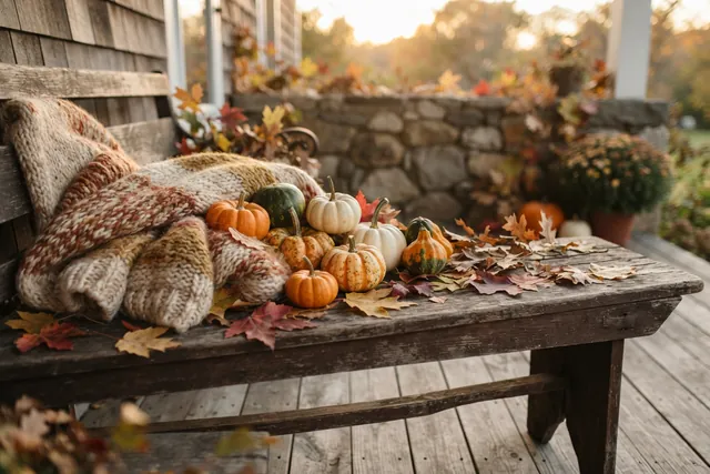 Small pumpkins, a knitted wool blanket and fallen maple leaves on a weathered wooden porch bench in late-afternoon light