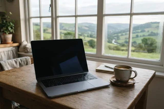 A plain laptop with a dark screen, a small notebook and a mug of coffee on a wooden table beside a large window overlooking green hills